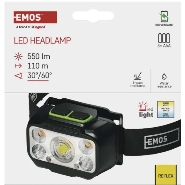 Фото - Фонарь налобный EMOS P3546 550Lm Li-Ion 1000 mAh, налоб.пласт.